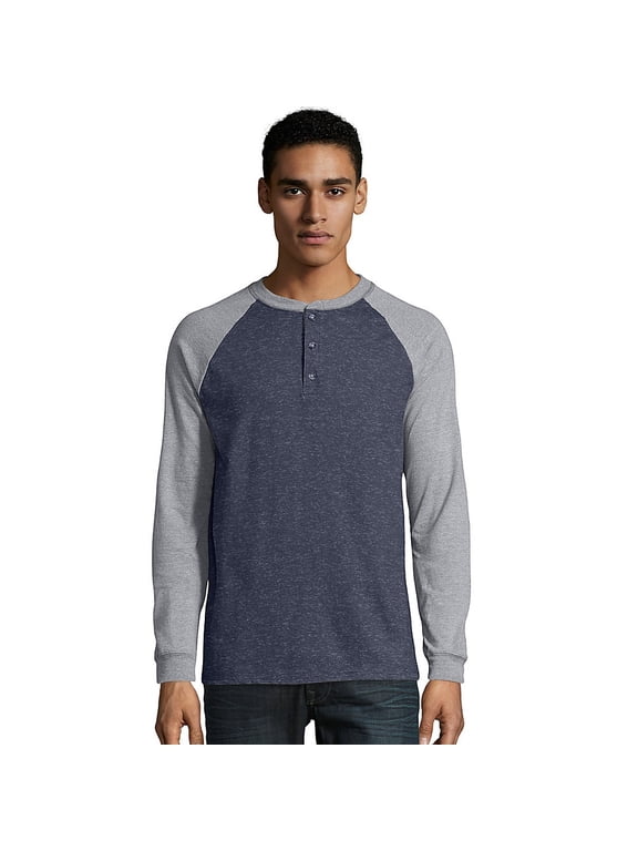 Men's and Big Men's Beefy Heavyweight Long Sleeve Three-Button Henley, Up To Size 3XL
