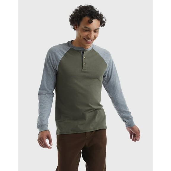 Hanes Beefy-T Men's Long Sleeve Colorblock Henley Camouflage Green/Oxford Green XL