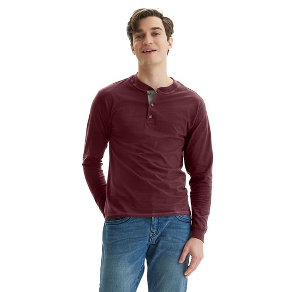 Hanes Beefy-T Men's Long Sleeve Henley Mulled Berry XL