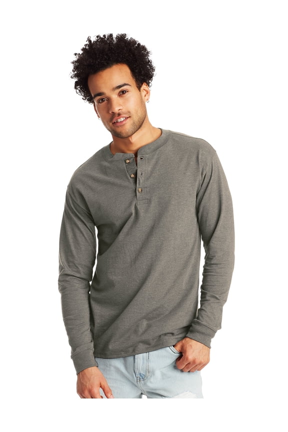 Beefy-T Men's Long Sleeve Henley Pebblestone Heather L