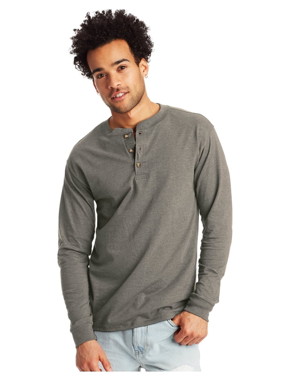 Men's Long-Sleeve Henley Shirt Beefy-T pure cotton 3 button S-3XL Tagless