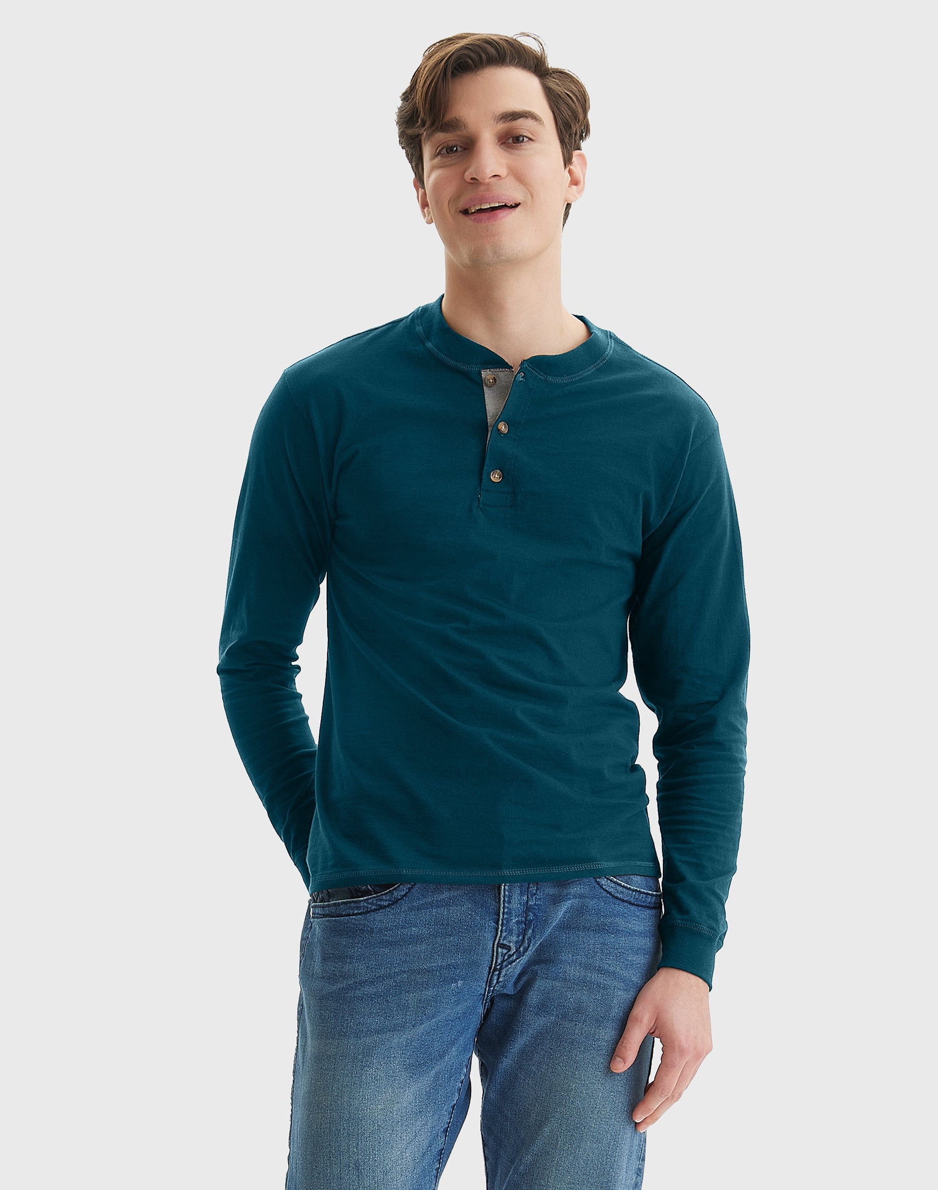 Men's Long-Sleeve Henley Shirt Beefy-T pure cotton 3 button S-3XL Tagless
