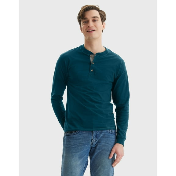Hanes Beefy-T Men's Long Sleeve Henley Petro Teal XL