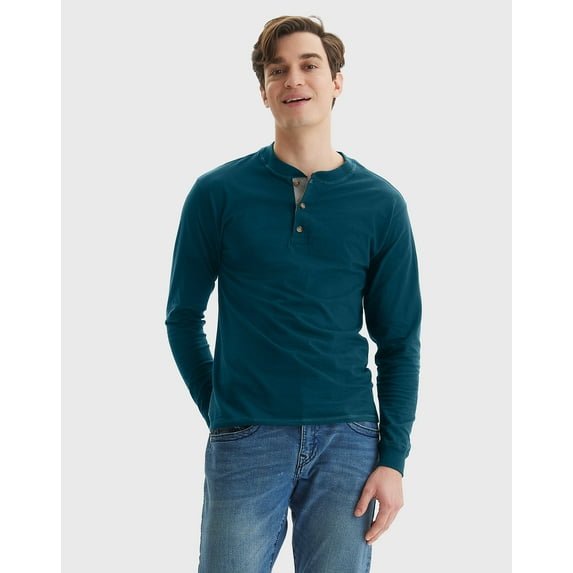 Hanes Beefy-T Men's Long Sleeve Henley Petro Teal 3XL