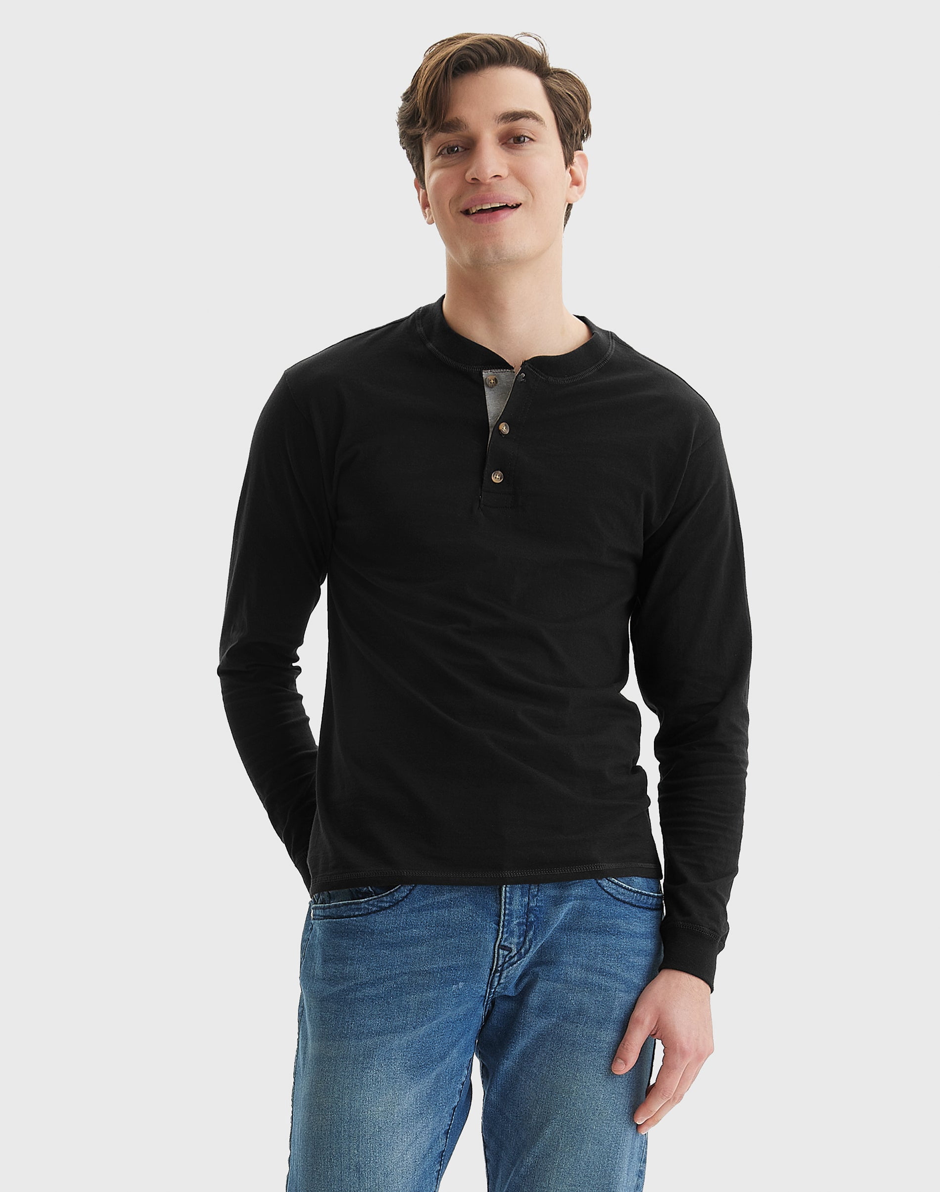 Men's Long-Sleeve Henley Shirt Beefy-T pure cotton 3 button S-3XL Tagless