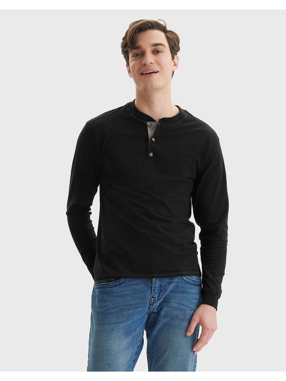 Men's Long-Sleeve Henley Shirt Beefy-T pure cotton 3 button S-3XL Tagless