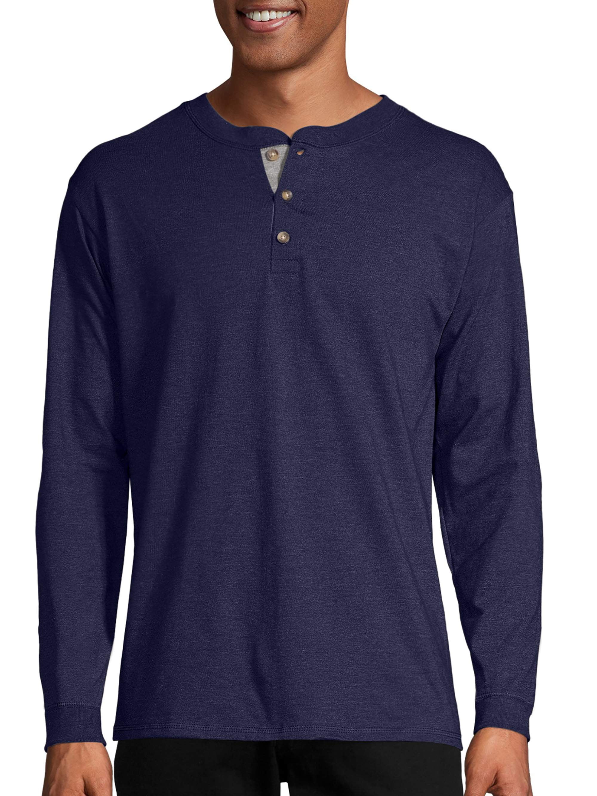 Hanes Men's Long-Sleeve Henley Shirt Beefy-T pure cotton 3 button S-3XL  Tagless