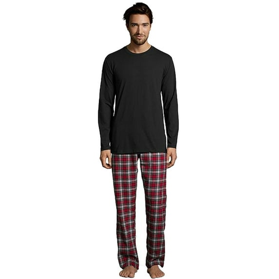Hanes Men's and Big Men's ComfortSoft Long Sleeve Crew & Cotton Flannel Pant Pajama Set