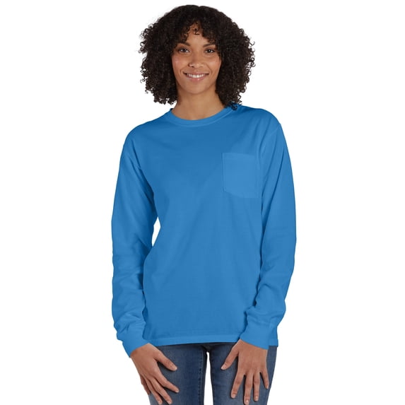 Hanes Unisex Garment Dyed Long Sleeve Pocket T-Shirt Summer Sky Blue 2XL