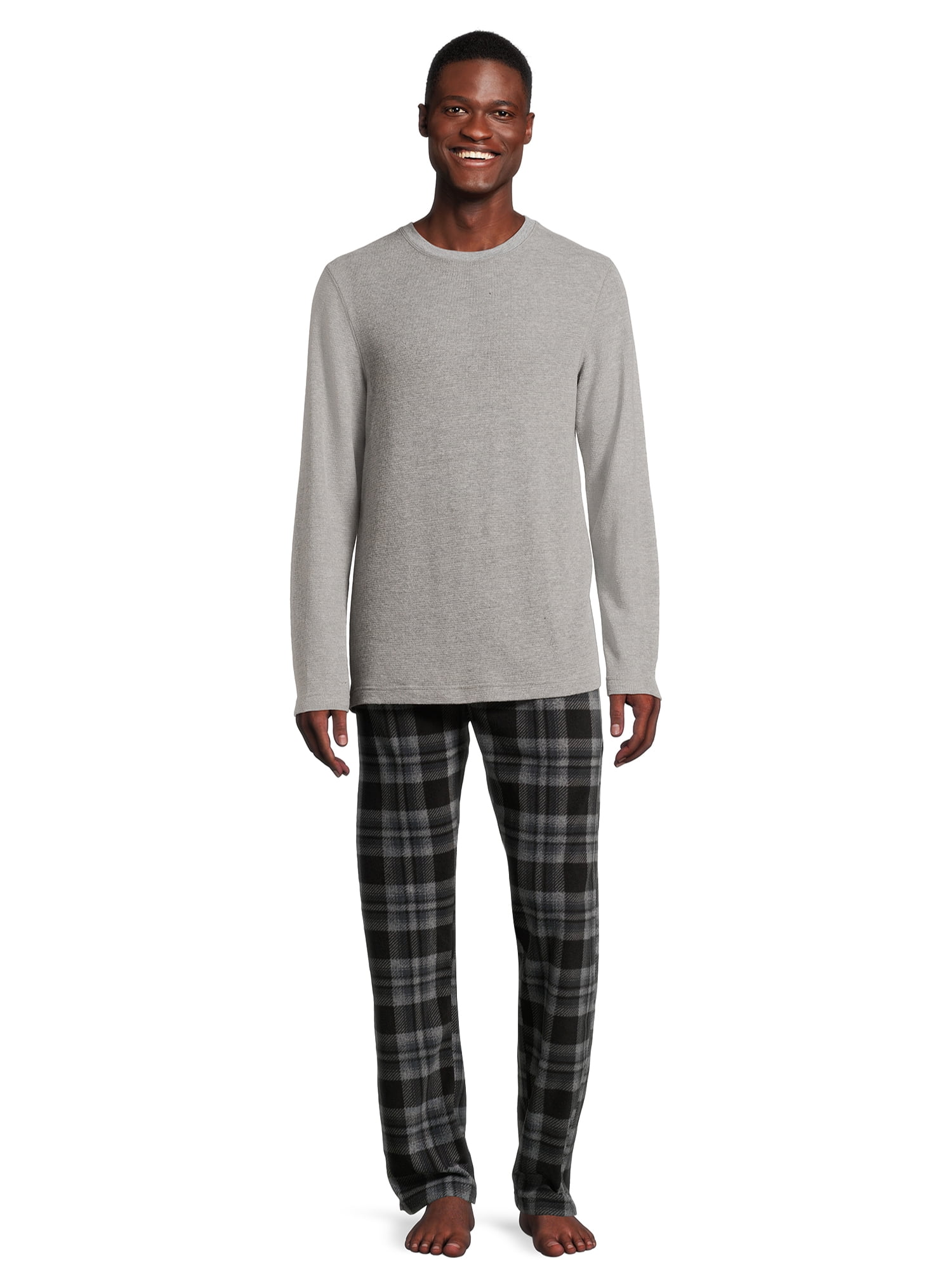 Mens Fleece Pajamas Long Sleeve Microfleece Check Pajama Set PJs