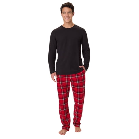 Men's Micro Fleece Sleep Set, Thermal Top with Plaid Printed Pants, Black & Red