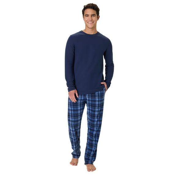 Hanes Men's Micro Fleece Sleep Set, Thermal Top with Plaid Printed Pajama Pants, Blue