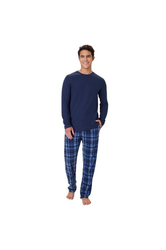 Men's Micro Fleece Sleep Set, Thermal Top with Plaid Printed Pajama Pants, Blue