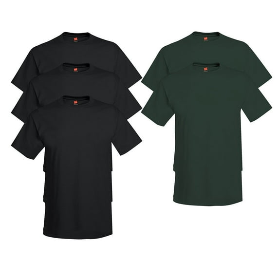 Hanes Mens 5.2 oz HEAVYWEIGHT Short Sleeve T-shirt (Pack of 5) (3 Black / 2 Deep Forest)