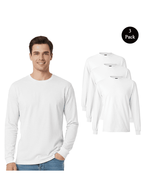 Mens Beefy-T Long Sleeve T-Shirt, Comfortable Crew Neck Casual White Printable Tee, 3-Pack XL