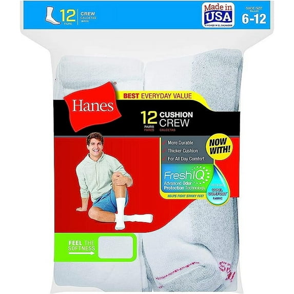 Hanes Mens Crew Socks, White, 10-13/Shoe Size 6-12 12 Pairs, White