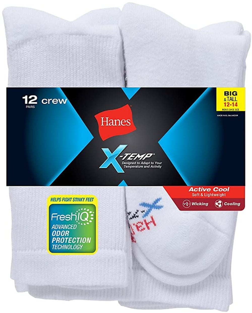 Hanes Mens FreshIQ XTemp Active Cool Big and Tall Crew Socks 12Pack