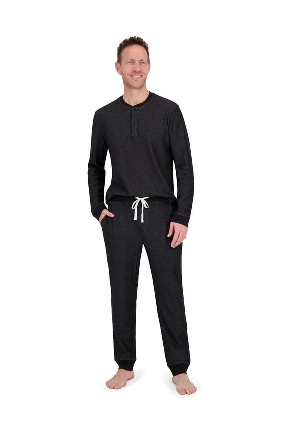 Mens Raschel Thermal Henley Pajama Top and Sleep Jogger Set, Sizes S-2XL