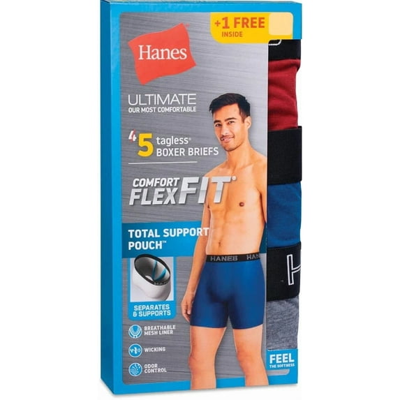 Hanes® Mens Ultimate Comfort Flex Fit Total Support Pouch 5 Pack Boxer Briefs SIZE "S"
