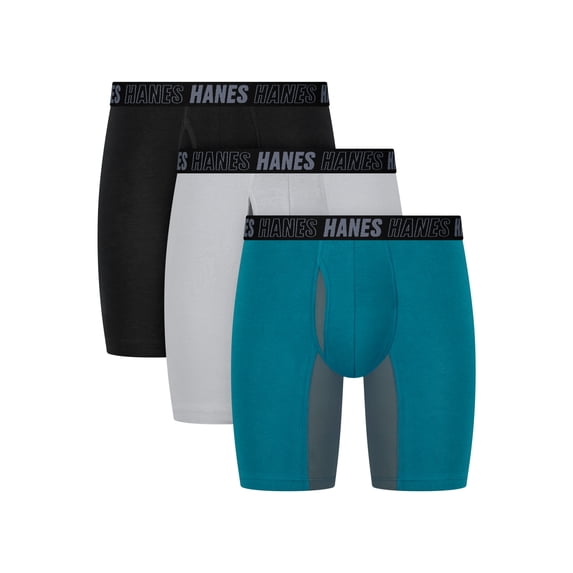 Hanes Mens Underwear Boxer Briefs, 3-Pack, Moves Anti-Chafe Long Leg Boxer Briefs