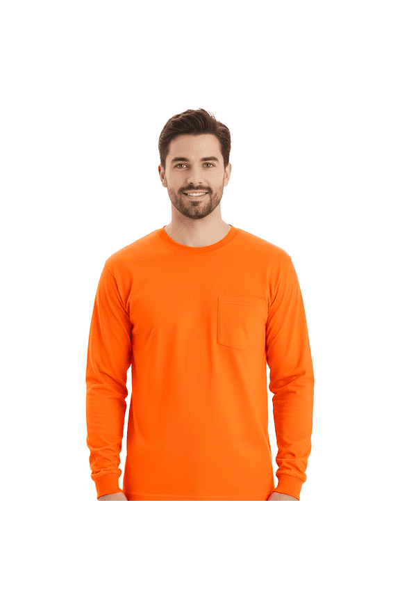 Mens Workwear Long Sleeve Pocket T-Shirt, Moisture Wicking Hi Vis Safety Orange Blank Tee, L