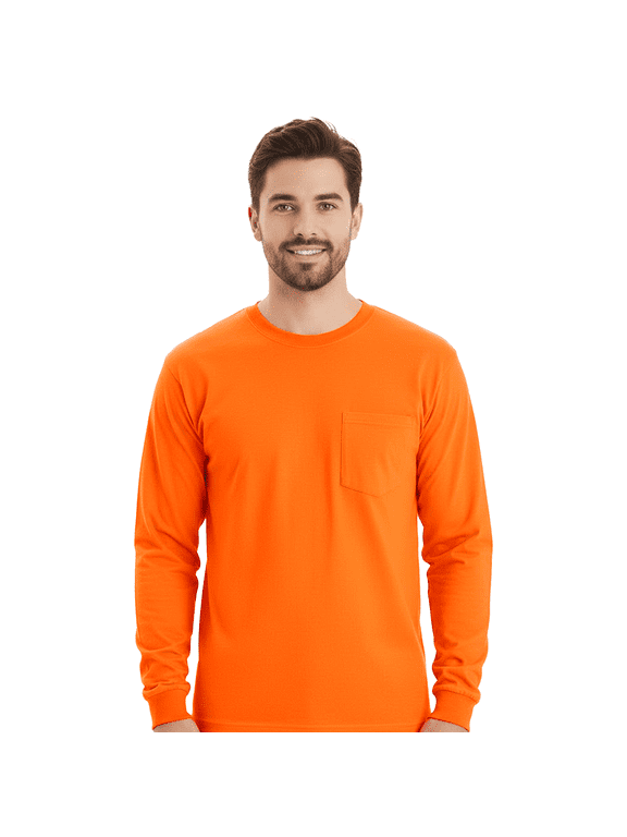 Mens Workwear Long Sleeve Pocket T-Shirt, Moisture Wicking Hi Vis Safety Orange Blank Tee, M