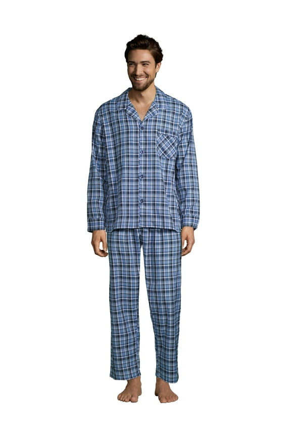 Mens Woven Pajamas, 5XL, Black and Blue Plaid