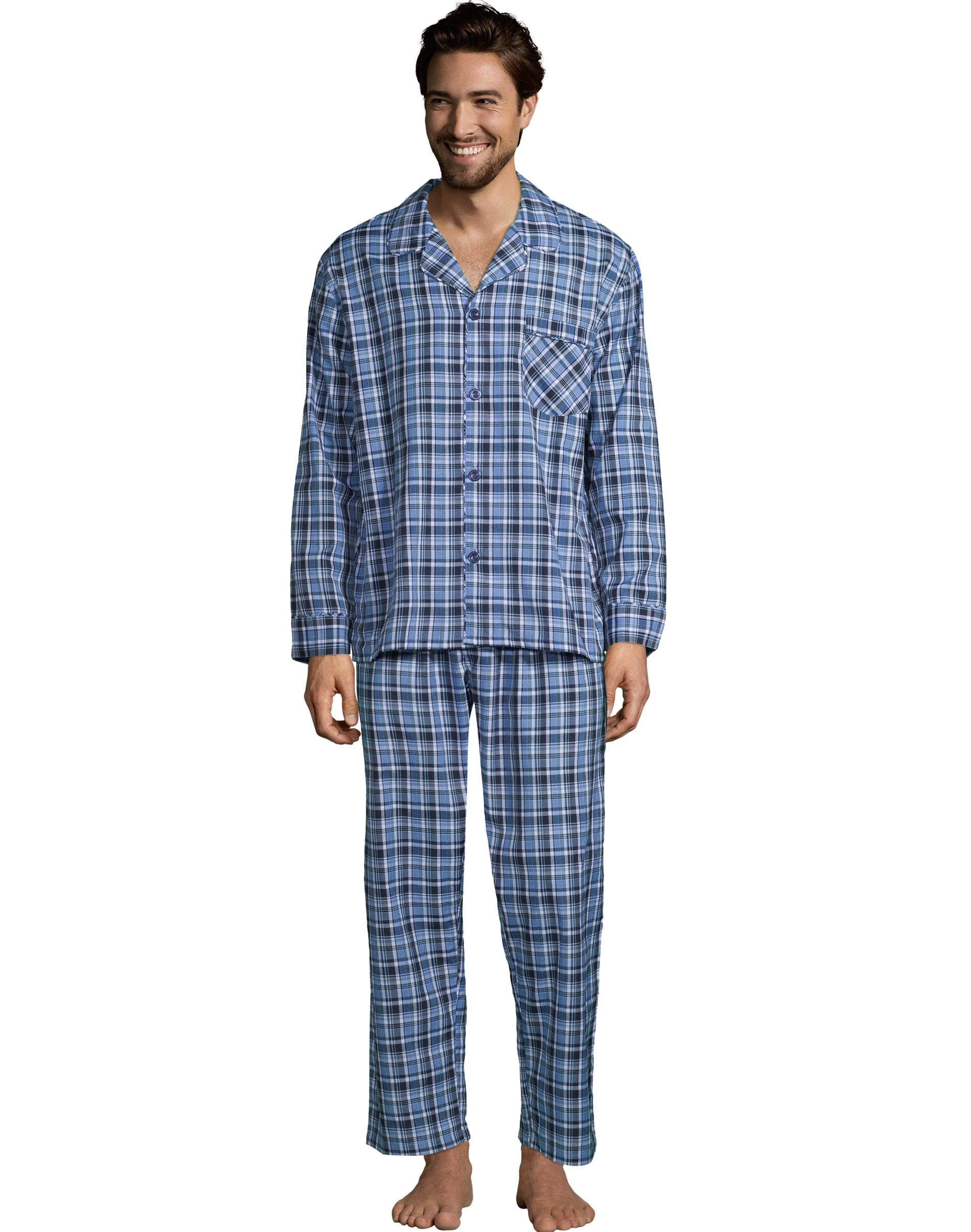 Hanes Mens Woven Pajamas, XL, Black and Blue Plaid