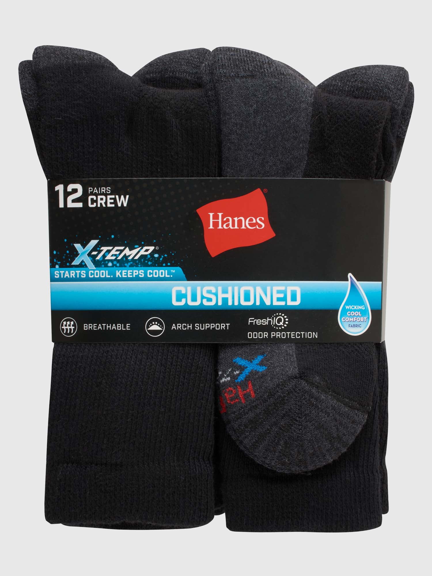 Hanes Mens XTemp Big and Tall Cushioned with Arch & Vent Crew Socks, 12 Pack
