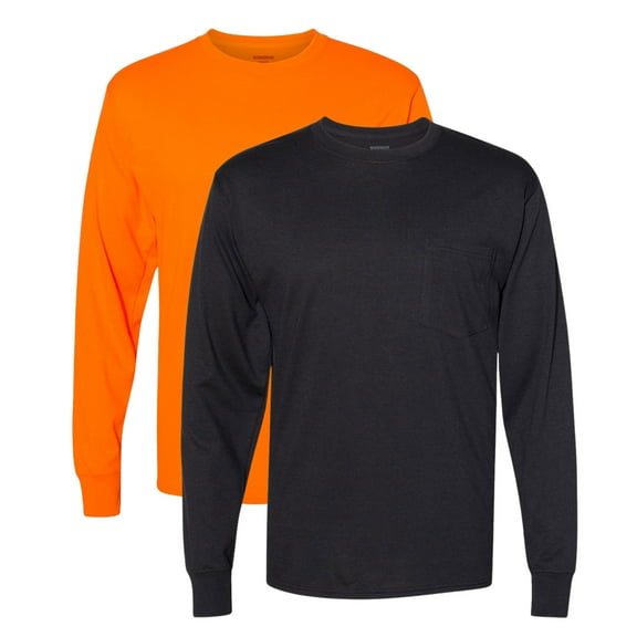Hanes Mne’s Long Sleeve Pocket T-Shirt 60/30/10 Polyester/Ring-Spun Cotton/Rayon Heavyweight Durable Workwear Long Tee Shirt (Black Safety-Orange 2 Pack, XL)