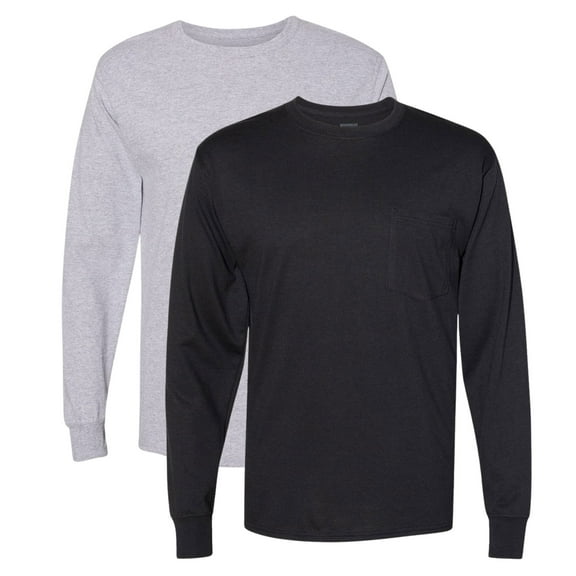 Hanes Mne’s Long Sleeve Pocket T-Shirt 60/30/10 Polyester/Ring-Spun Cotton/Rayon Heavyweight Durable Workwear Long Tee Shirt (Light-Steel Black 2 Pack, 2XL)
