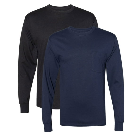 Hanes Mne’s Long Sleeve Pocket T-Shirt 60/30/10 Polyester/Ring-Spun Cotton/Rayon Heavyweight Durable Workwear Long Tee Shirt (Navy Black 2 Pack, L)