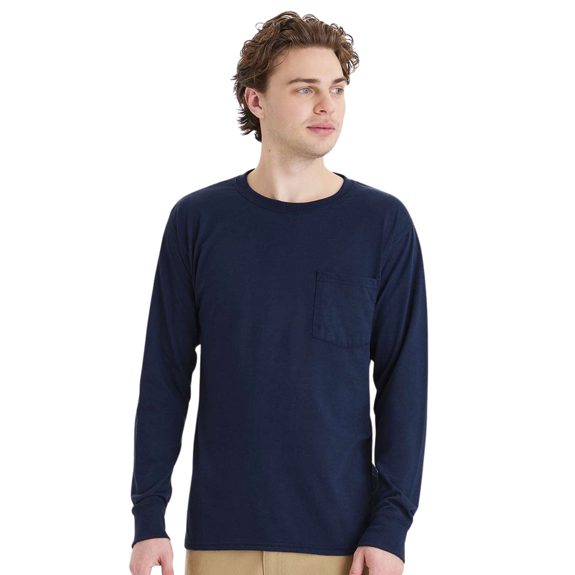 Hanes Mne's Long Sleeve Pocket T-Shirt 60/30/10 Polyester/Ring