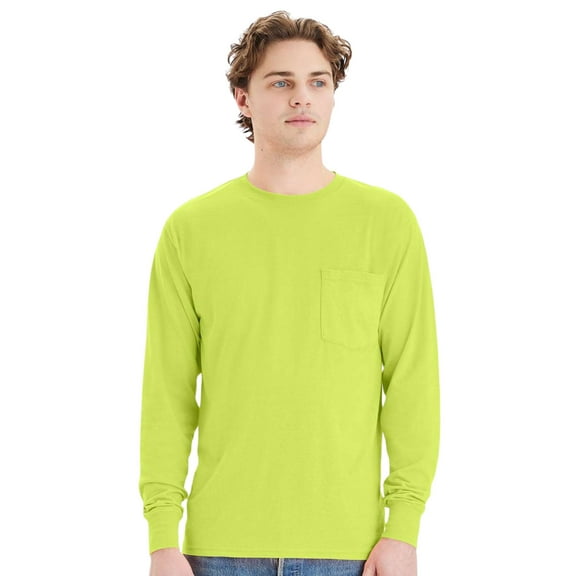 Hanes Mne’s Long Sleeve Pocket T-Shirt 60/30/10 Polyester/Ring-Spun Cotton/Rayon Heavyweight Durable Workwear Long Tee Shirt (Safety-Green, 3XL)