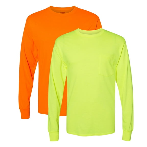 Hanes Mne’s Long Sleeve Pocket T-Shirt 60/30/10 Polyester/Ring-Spun Cotton/Rayon Heavyweight Durable Workwear Long Tee Shirt (Safety-Orange Safety-Green 2 Pack, XL)