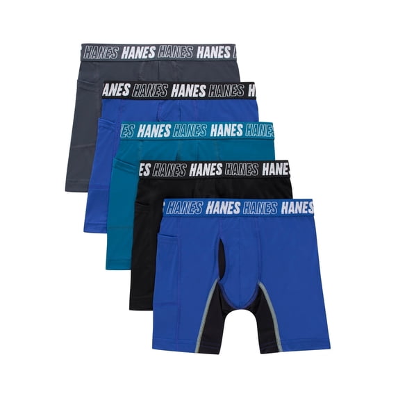 Hanes Moves Boys' Anti-Chafe Long Leg Boxer Brief Underwear, Black/Grey/Blue/Ocean, 5-Pack Assorted S