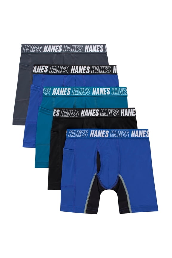 Moves Boys' Anti-Chafe Long Leg Boxer Brief Underwear, Black/Grey/Blue/Ocean, 5-Pack Assorted XL