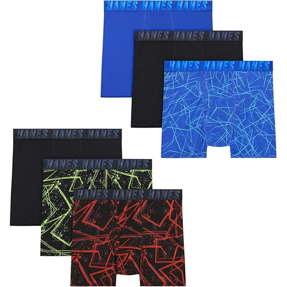 Hanes Moves Breathable Underwear, Performance Stretch Boxer Briefs for Boys, Moisture-Wicking, 6-Pack, Size: S-XL