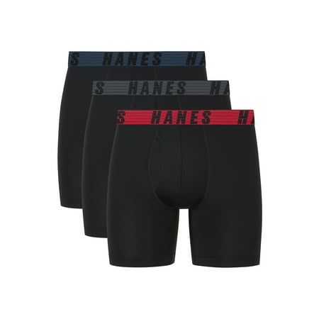 Hanes Moves Men’s Anti-Chafe Boxer Brief, Total Support Pouch, Black, 3-Pack, 6" Inseam