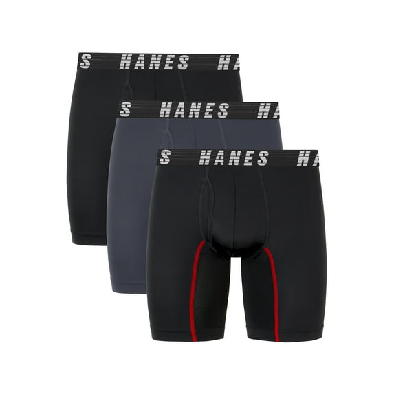Hanes Moves Men’s Anti-Chafe Boxer Brief, X-Temp, Black/Grey, 3-Pack, 6" Inseam