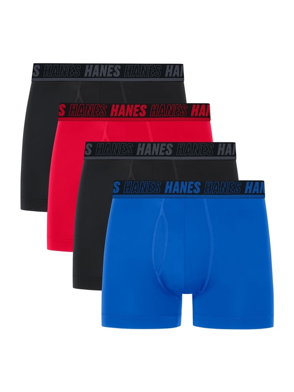 Moves Ultimate Men's Anti-Chafe Trunk Underwear, Total Support Pouch, X-Temp, 4-Pack, 4" Black/Red/Blue M