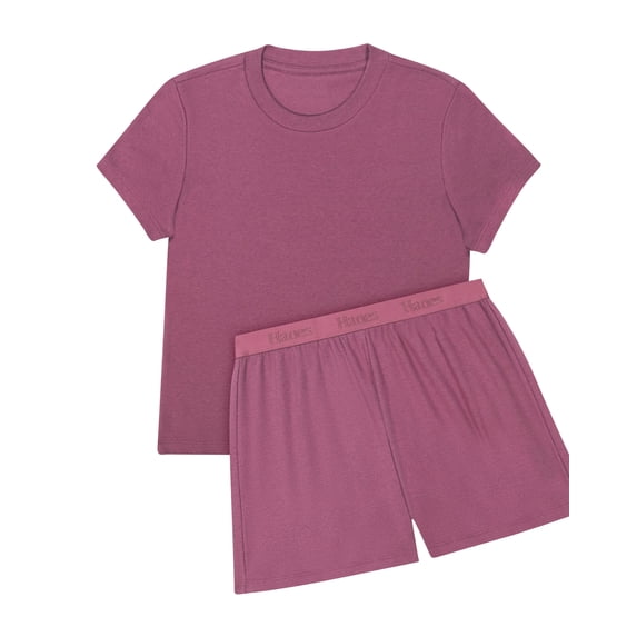 Hanes Originals SuperSoft Comfywear Women’s Ribbed Babydoll Tee & Shorts Pajama Set - Soft Loungewear Mauve Mood/Mauve Mood XL