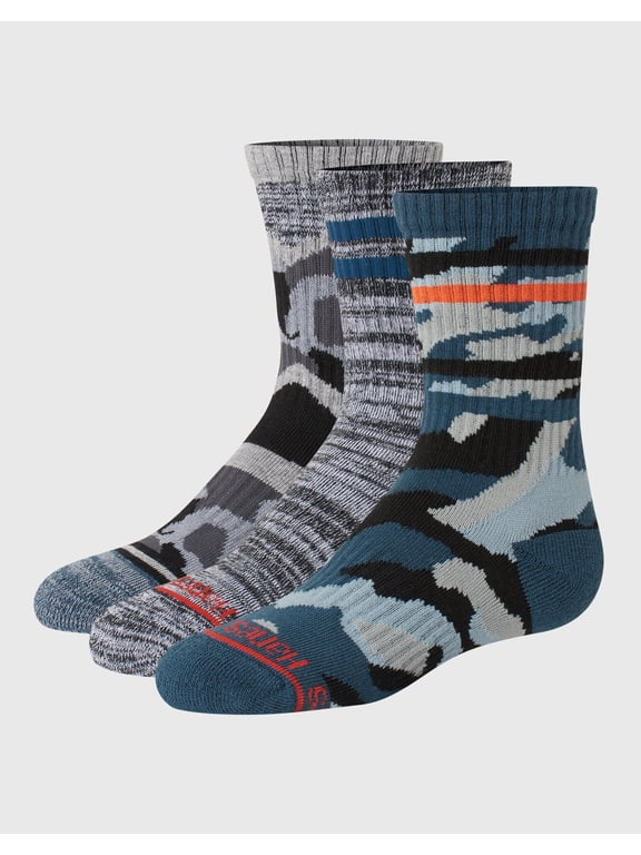 Originals Boys' Crew Socks Pack, Moisture Wicking, 3-Pairs Grey Camo M