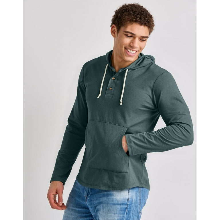 Hanes Men s Originals Hoodie Lightweight Hooded Sweatshirt Henley Collar Sizes S 3XL