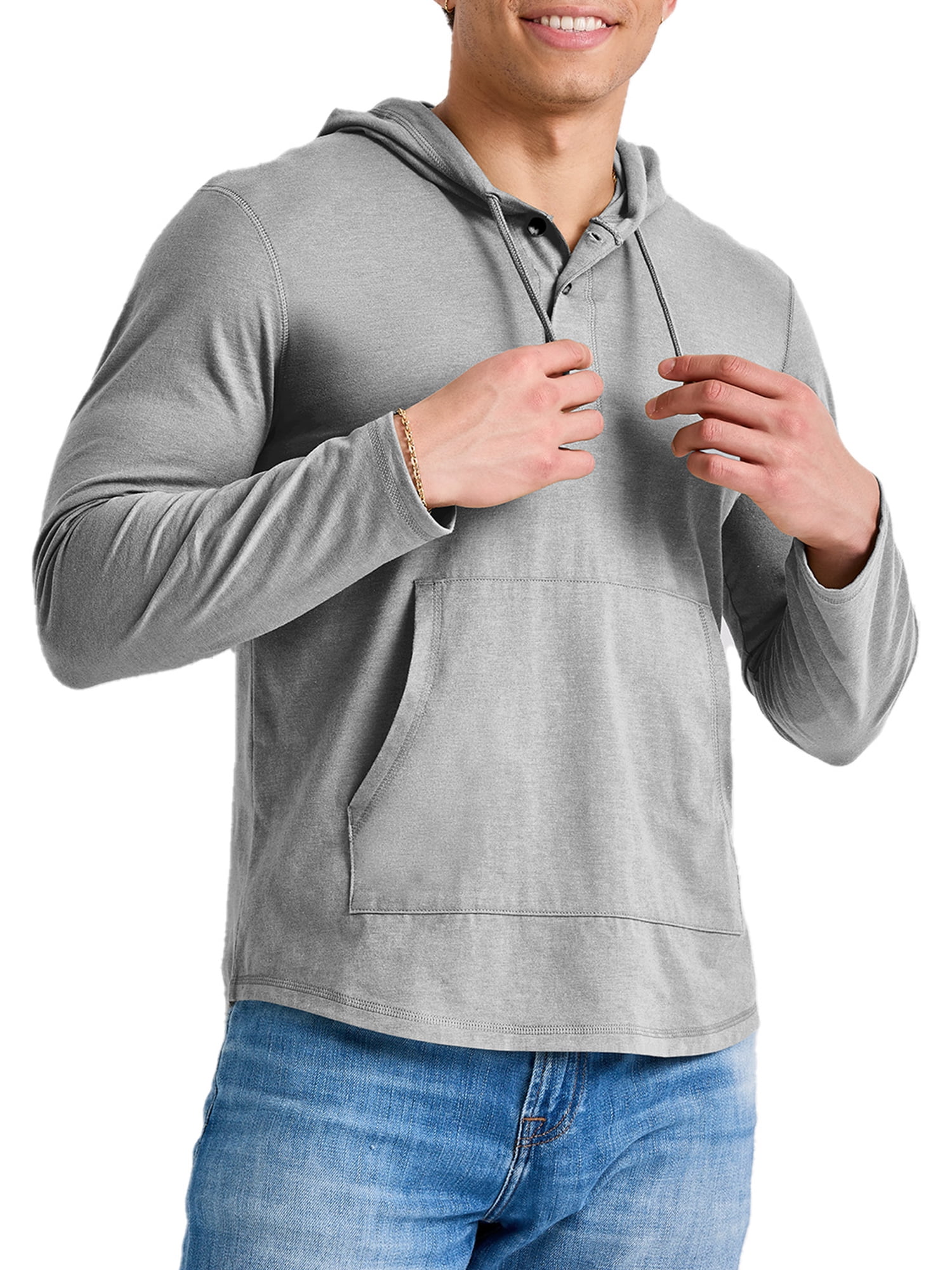 Hanes Originals Men's Cotton Henley Hoodie Light Steel L