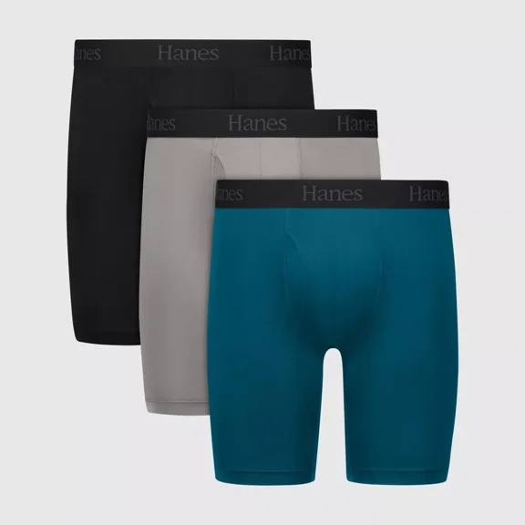 Hanes Originals Premium Men's Super Stretch Long Leg Boxer Briefs 3pk, Teal Blue/Gray/Black