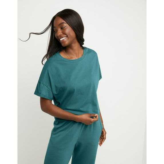 Hanes Originals Women's Cotton Boxy T-Shirt, Rolled Short Sleeves Cactus L