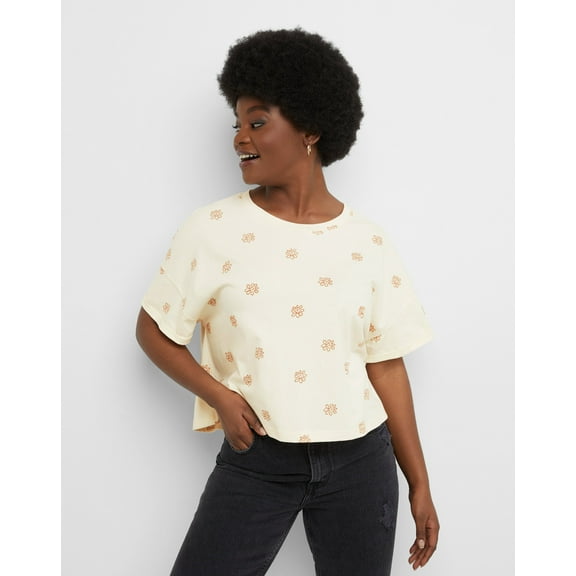 Hanes Originals Women's Cotton Boxy T-Shirt, Rolled Short Sleeves Little Bloom Natural XS