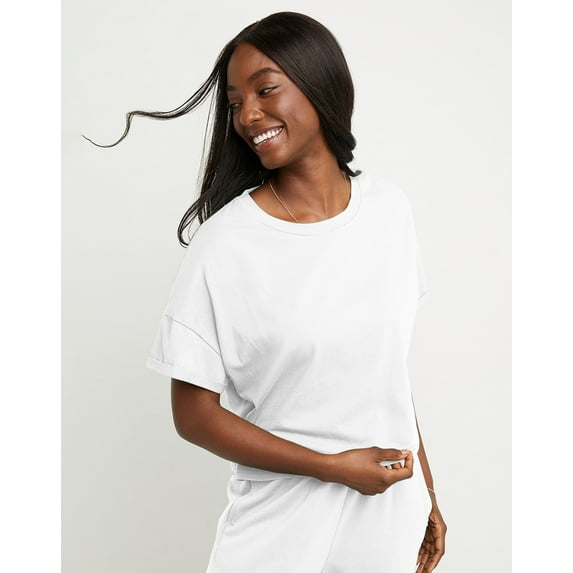 Hanes Originals Women's Cotton Boxy T-Shirt, Rolled Short Sleeves White M