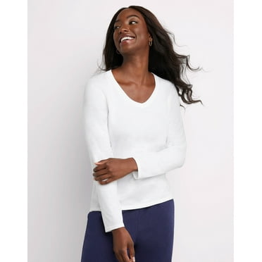 Hanes Women's Long Sleeve Cotton V-Neck T-Shirt White L